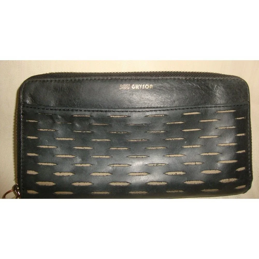 Joy Gryson Black Perforated Leather Zip around Wallet - Picture 2 of 6